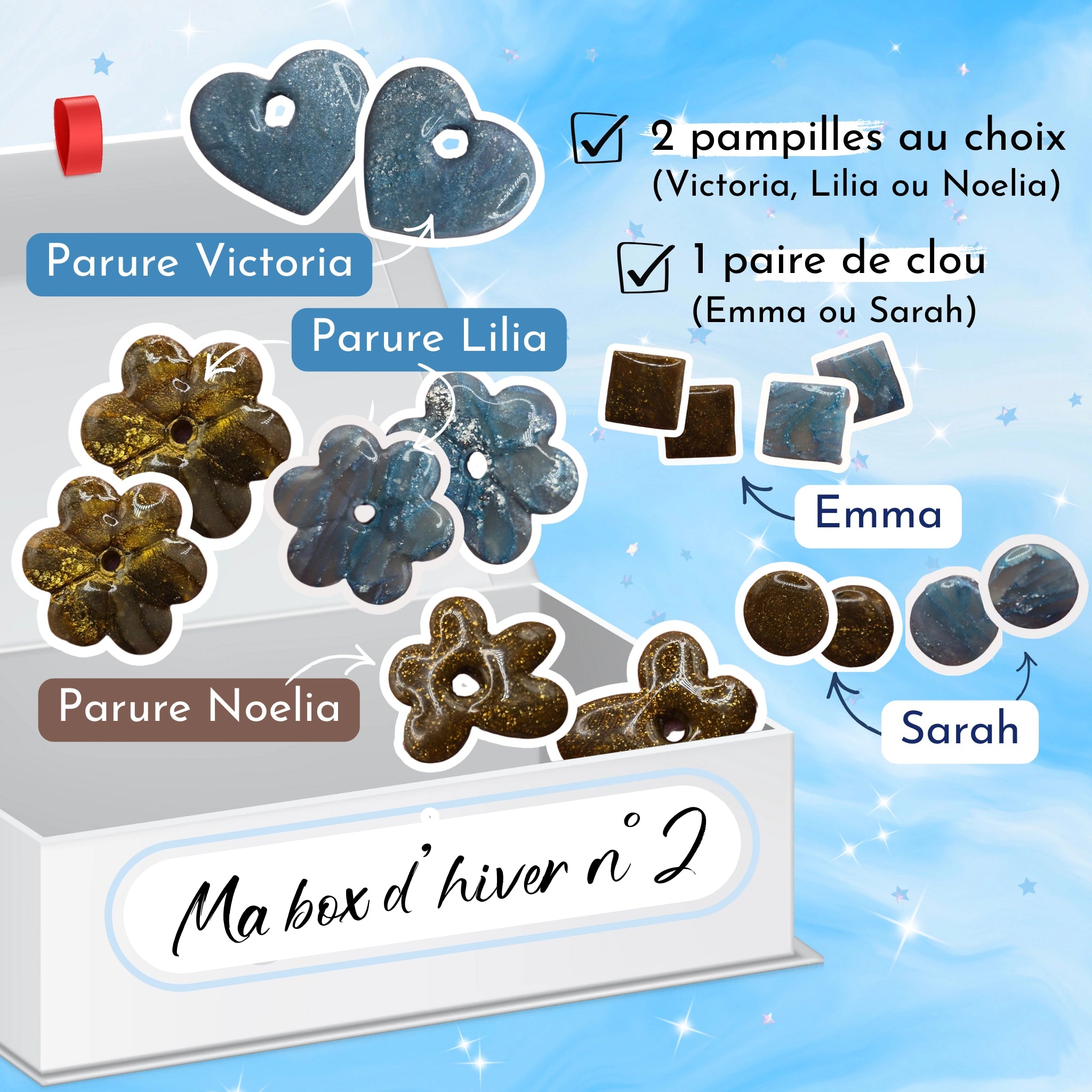 box d'hiver des créa de marlène, boîte blanche avec 4 paires de pampilles en pâte polymère en forme de coeurs ou fleurs. 2 paires de clou rond ou carré. pampilles bleus ou marrons