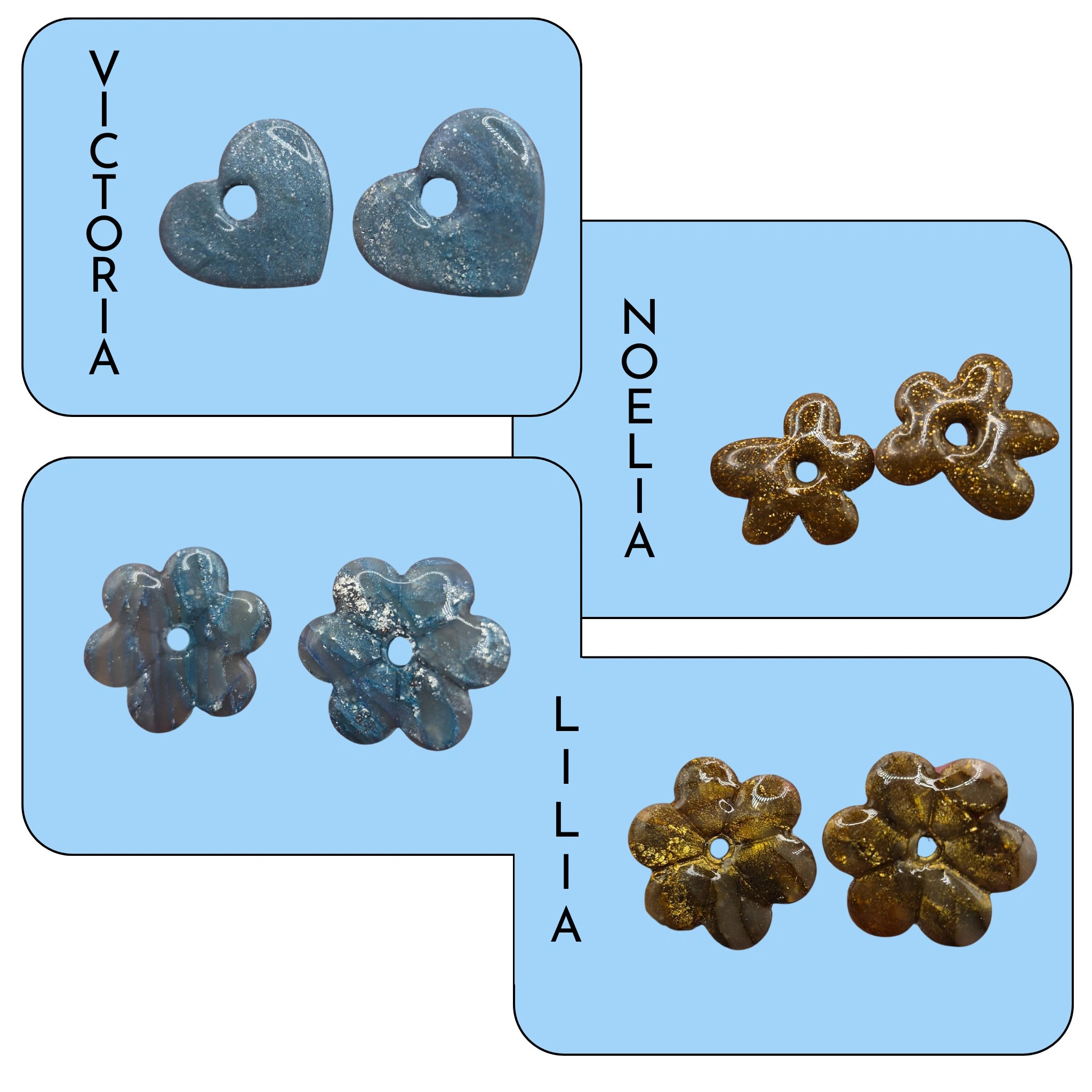 Quatre pampilles interchangeables en pâte polymère, en forme de cœur et de fleur, dans des tons bleus et marron, issues des parures Victoria, Noelia et Lilia.