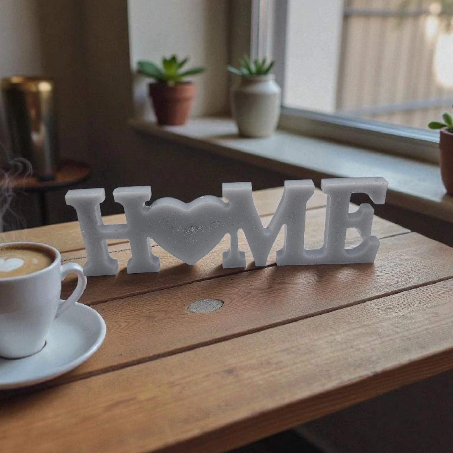 Décoration en résine époxy blanche pailletée représentant le mot « Home » avec un cœur à la place du O, posée sur une table en bois près d’une fenêtre et de petites plantes.