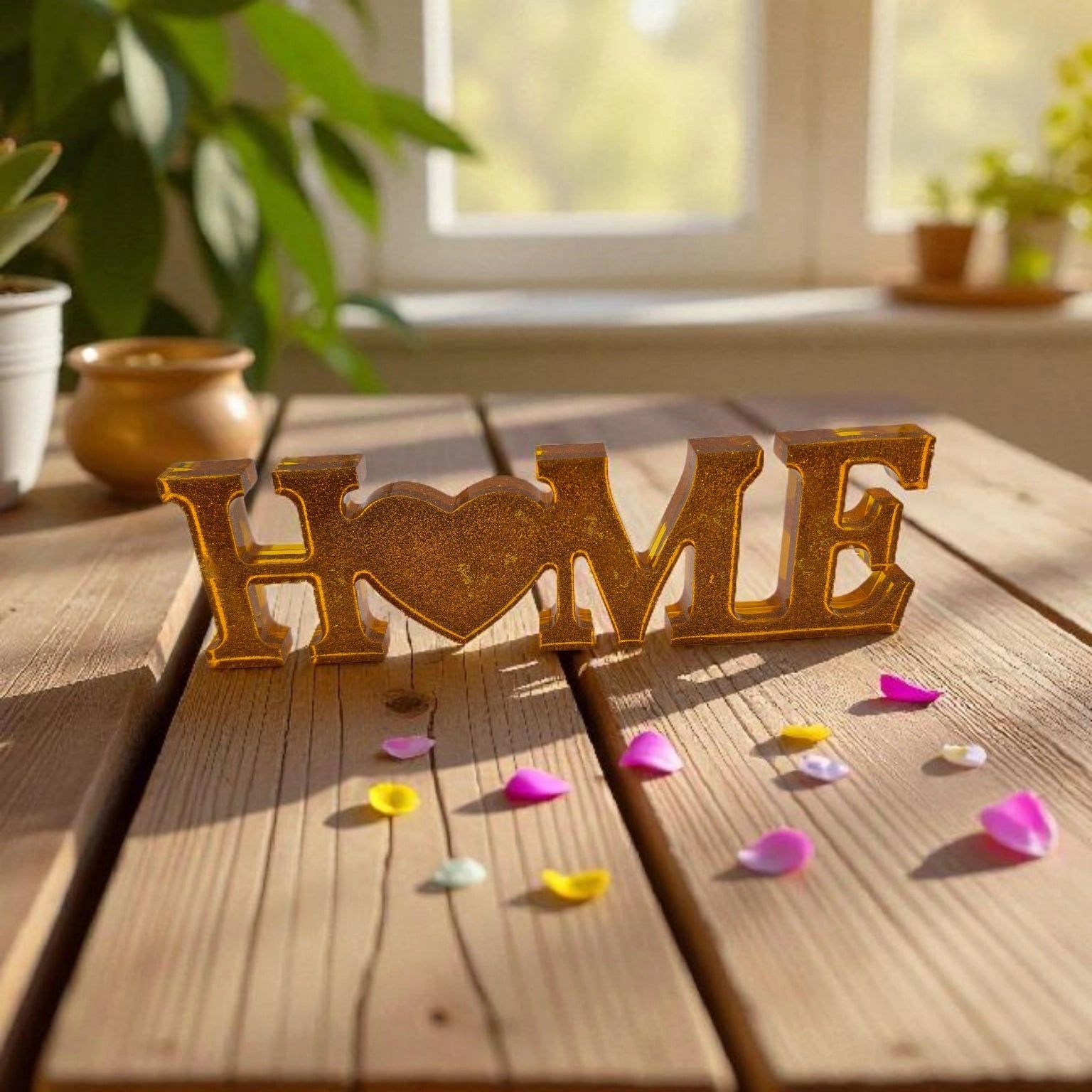 Décoration en résine époxy doré pailletée représentant le mot « Home » avec un cœur à la place du O, posée sur une table en bois près d’une fenêtre et de petites plantes.