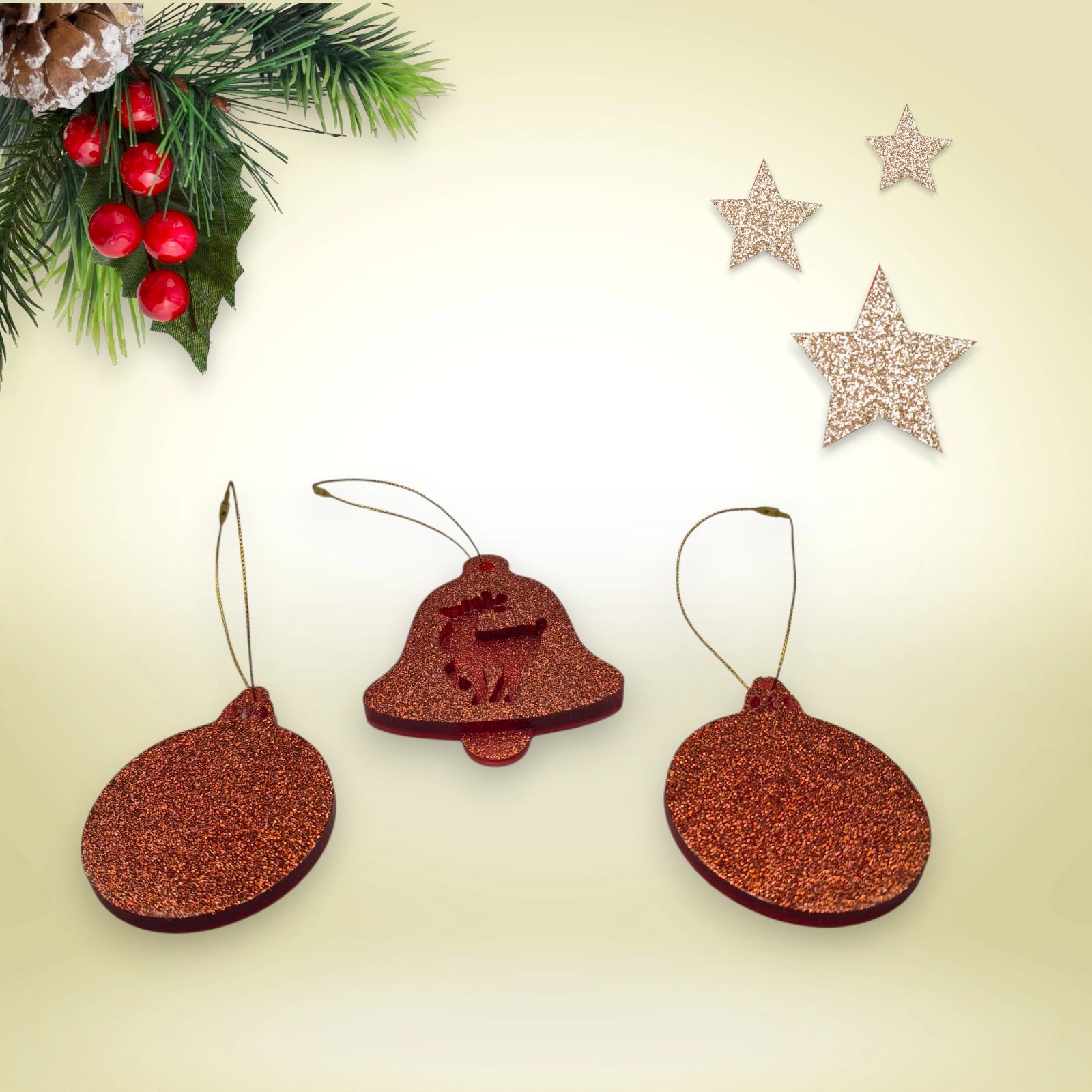 Lot 3 suspensions noël - 2 boules, 1 cloche cerf