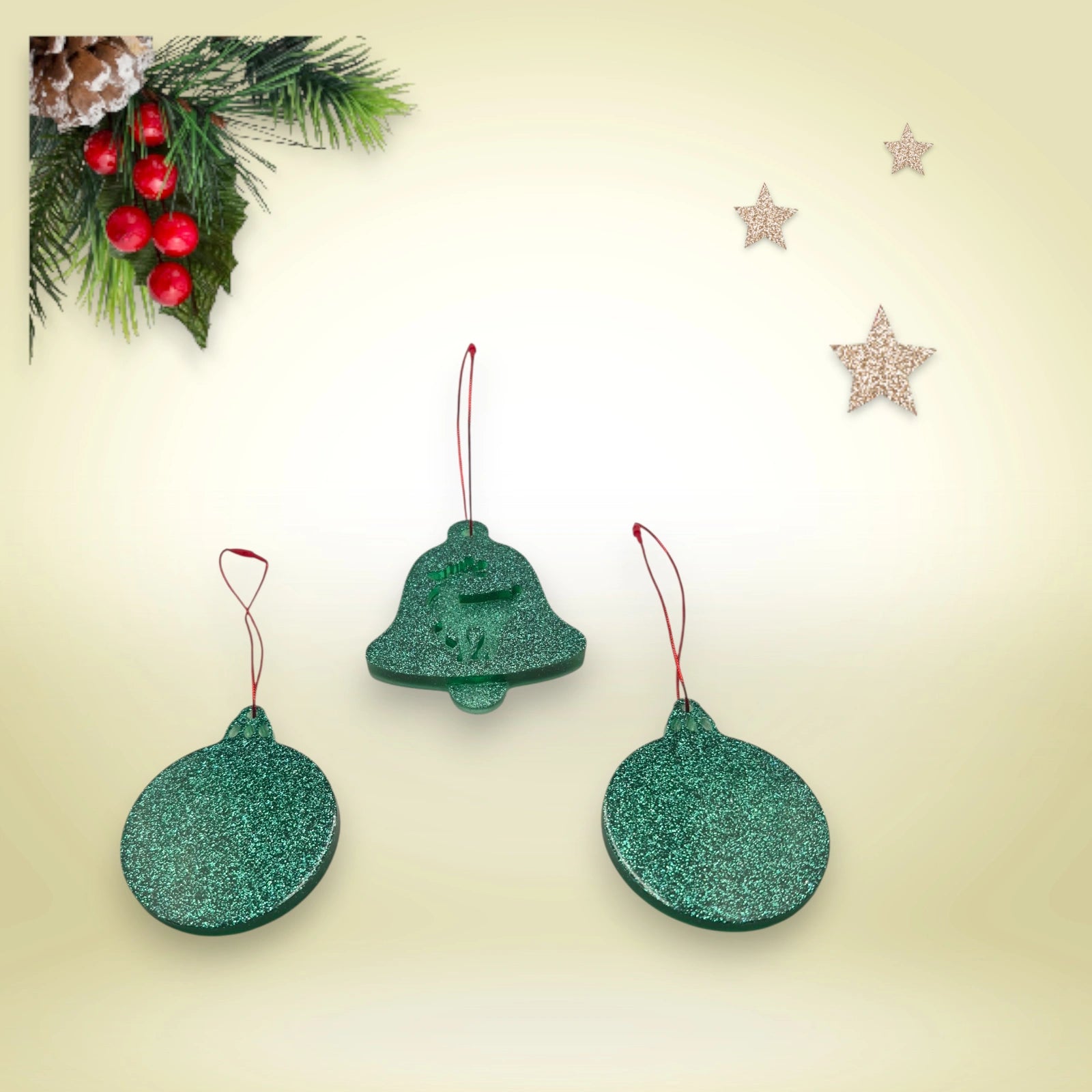 Lot 3 suspensions noël - 2 boules, 1 cloche cerf