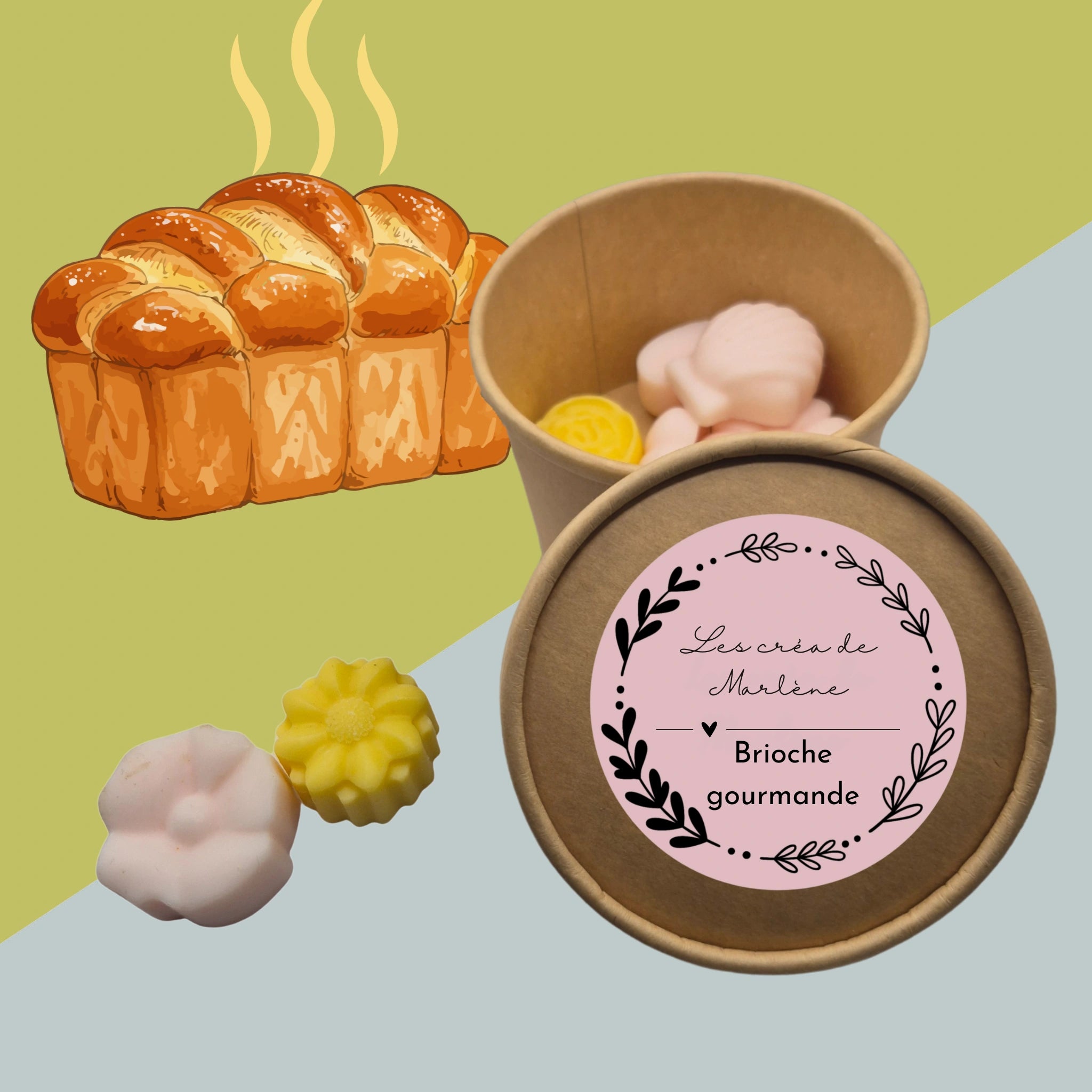 Boîte couleur kraft avec couvercle posé devant montrant l’étiquette de la marque et le nom de la senteur, contenant des fondants en cire de soja parfumés à la brioche gourmande, sur fond  bicolore jaune et blanc cassé avec illustration d'une brioche fumante. Deux fondants posés à côté pour montrer un aperçu du contenu de la boîte.