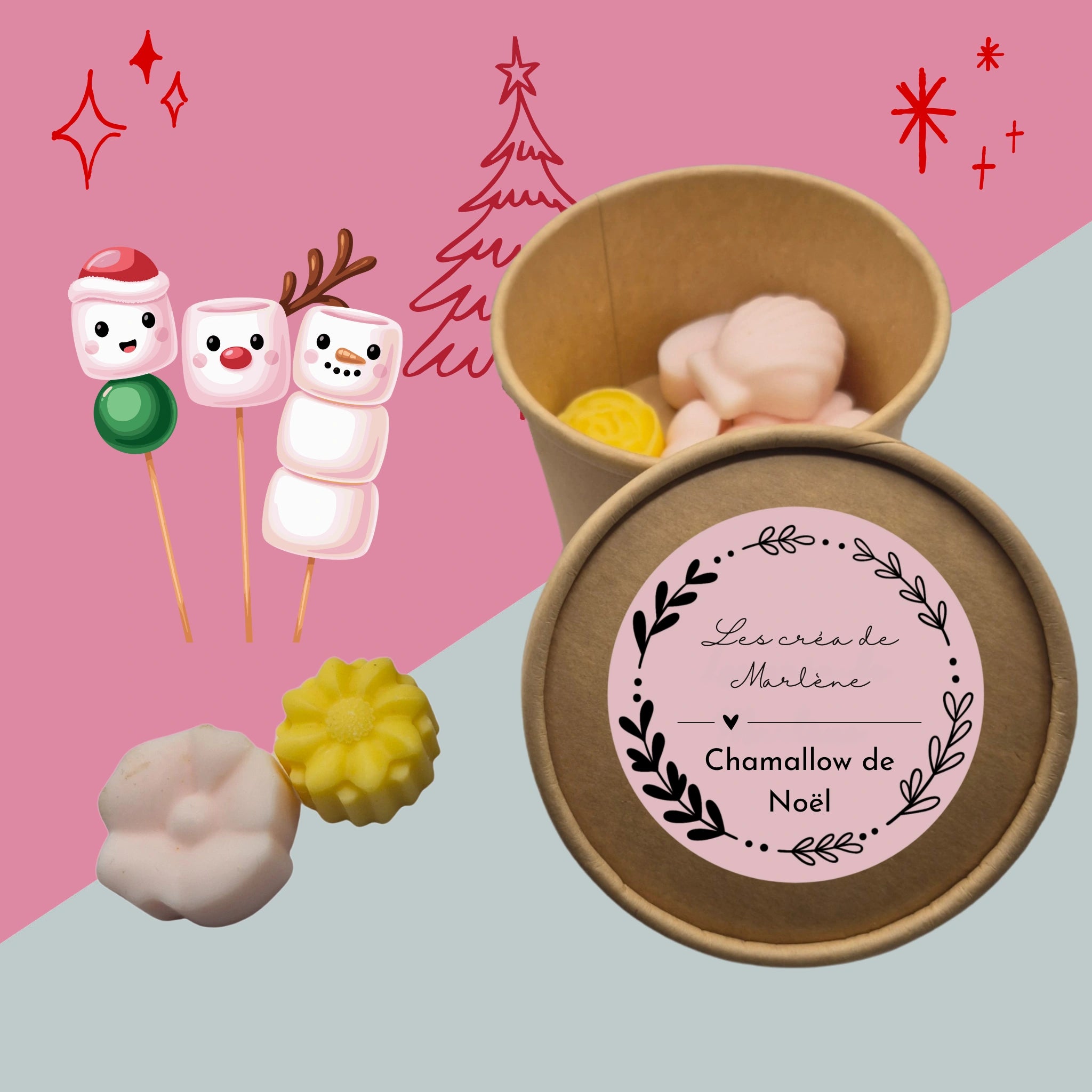 Boîte couleur kraft avec couvercle posé devant montrant l’étiquette de la marque et le nom de la senteur, contenant des fondants en cire de soja parfumés au chamallow de Noël, sur fond bicolore rose et blanc cassé avec motifs étoiles et sapins. Deux fondants posés à côté pour montrer un aperçu du contenu de la boîte.
