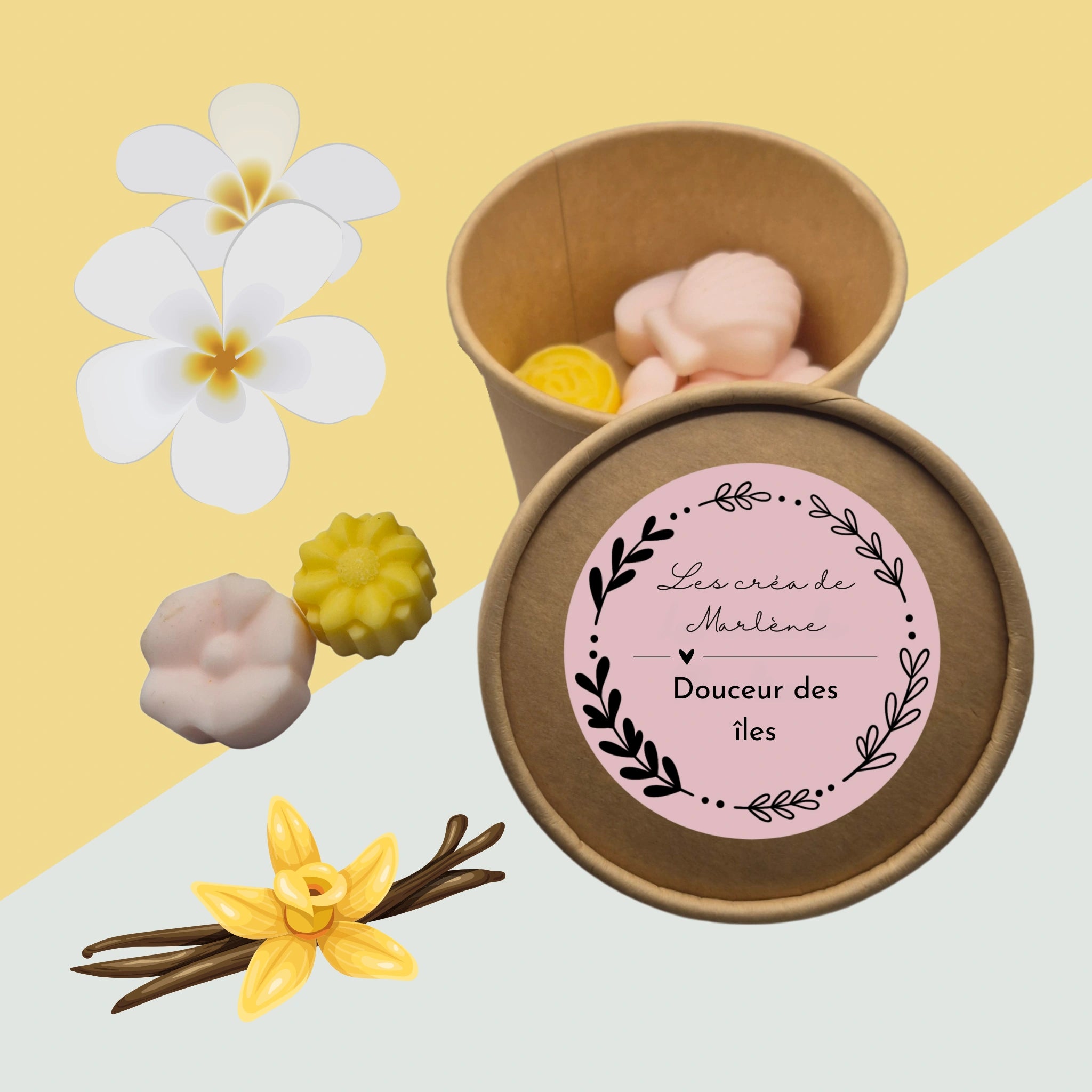 Boîte couleur kraft avec couvercle posé devant montrant l’étiquette de la marque et le nom de la senteur, contenant des fondants en cire de soja parfumés à la douceur des îles, sur fond bicolore jaune et blanc cassé avec une illustration de deux fleurs de monoï et de la vanille. Deux fondants posés à côté pour montrer un aperçu du contenu de la boîte.