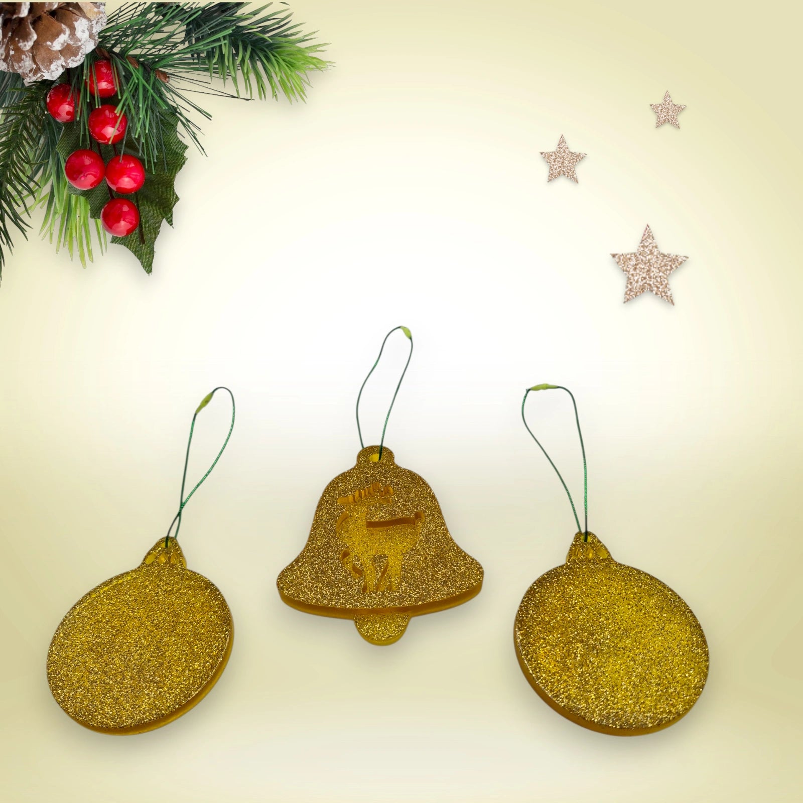 Lot 3 suspensions noël - 2 boules, 1 cloche cerf