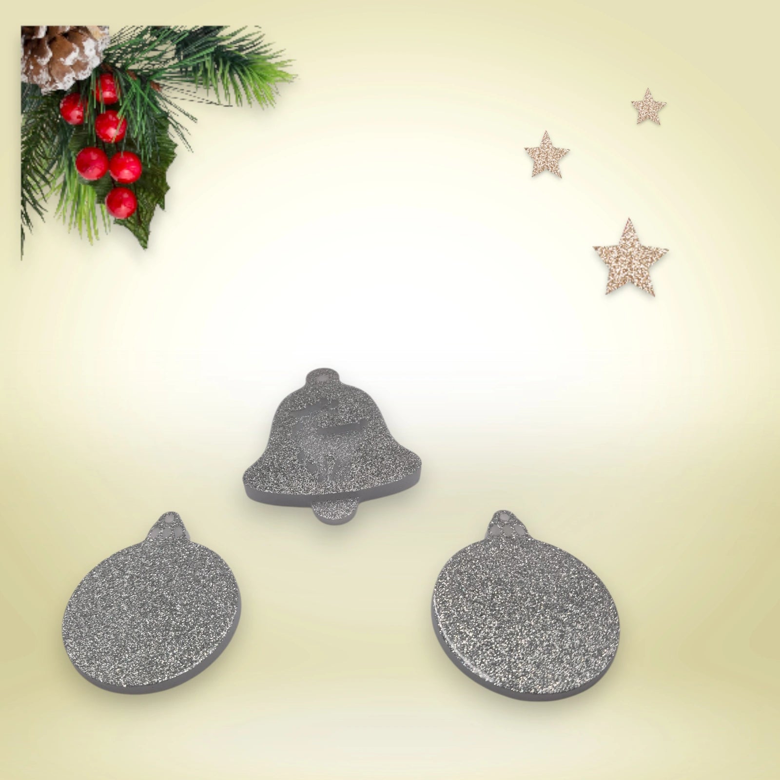 Lot 3 suspensions noël - 2 boules, 1 cloche cerf