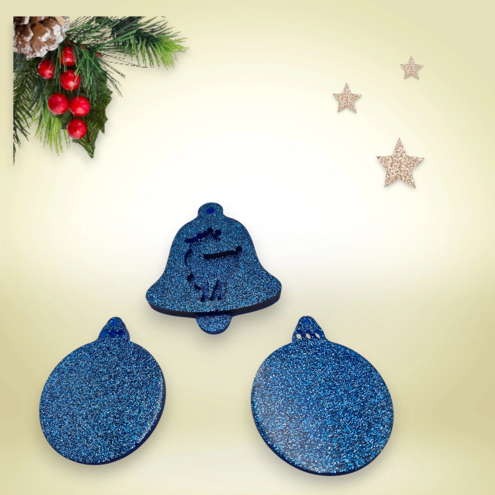 Lot 3 suspensions noël - 2 boules, 1 cloche cerf